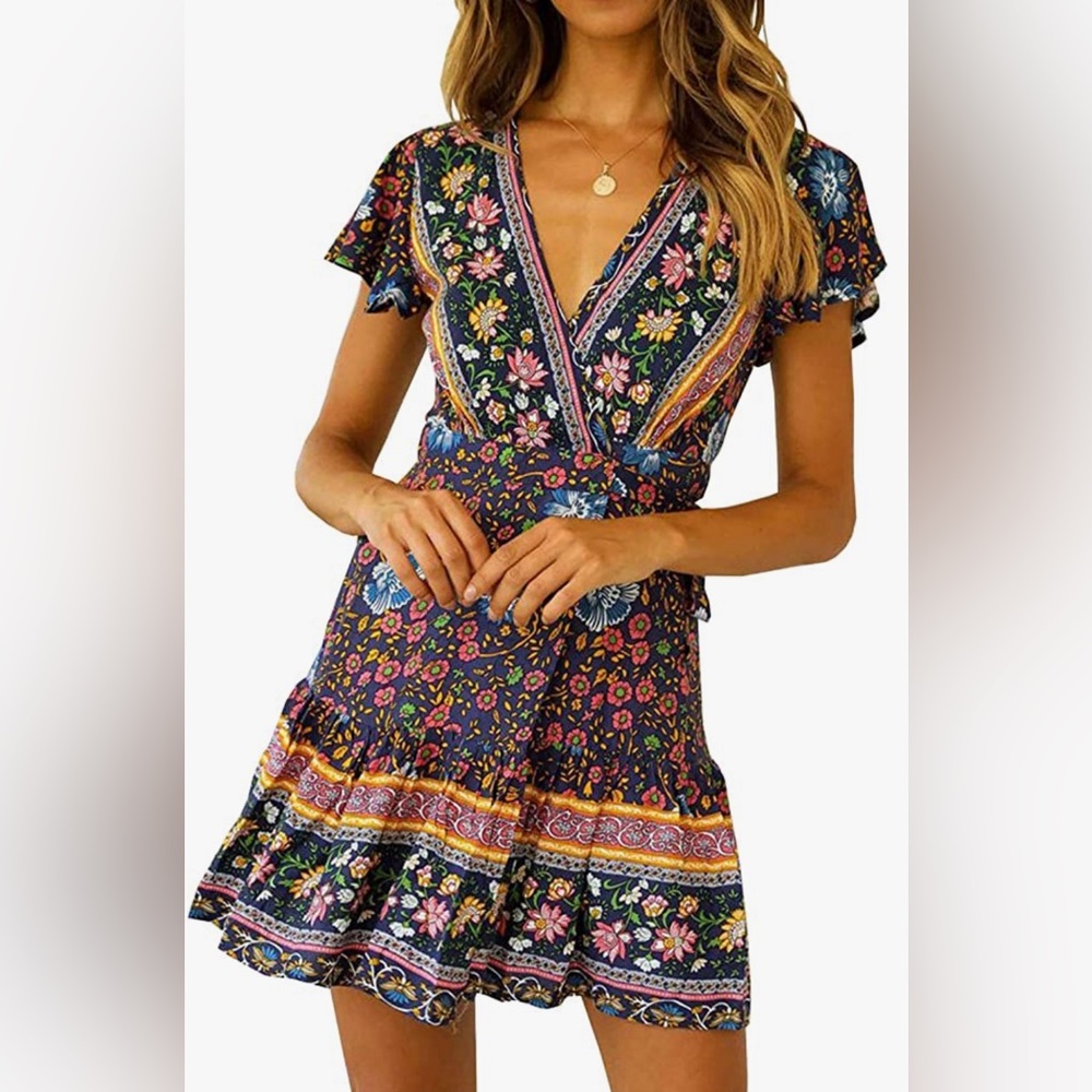 NWT Bohemian Beach Ruffle Floral Print Bow Tie Short Sun Dress, MULTI COLORS